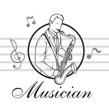Saxophone player. Musician plays the instrument. Musician logo. Musical staff.