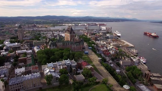 Aerial view of Quebec City, Canada, including the Old Port of Quebec and Frontenac castle.