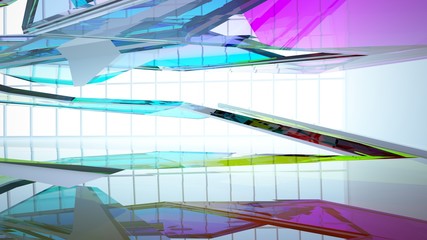 Abstract white and colored gradient glasses interior multilevel public space with window. 3D illustration and rendering.