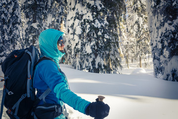 A Hiker trekking in winter woods.