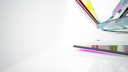 Abstract white and colored gradient glasses interior multilevel public space with window. 3D illustration and rendering.