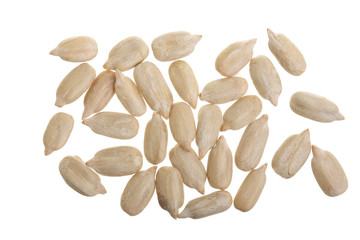 Peeled Sunflower seeds isolated on white background. Top view
