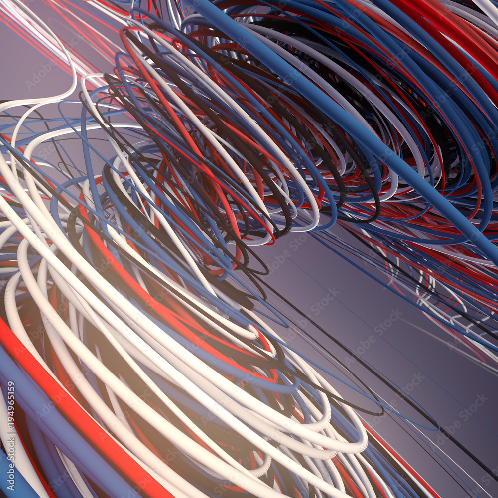 Poster interlacing abstract blue red and white curves. 3d rendering