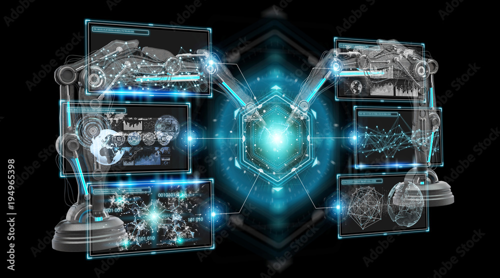 Poster robotics arms with digital screen 3d rendering