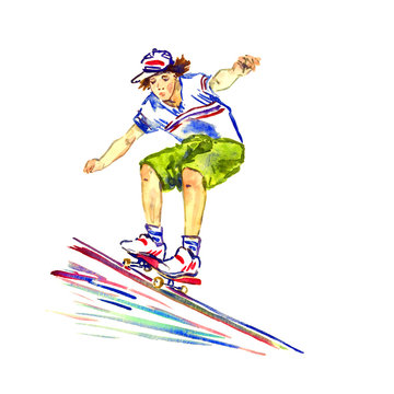 Guy on skateboard, colorful palette splashes, hand painted watercolor illustration isolated on white background