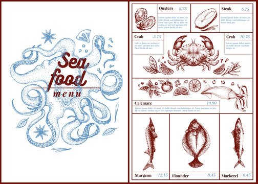Restaurant cafe seafood menu, template design. Can be use as menu, dinner card design. Retro hand drawn illustration