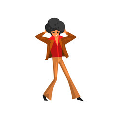 Fototapeta premium Dancing man character, male moving body at music party, dancer in 1980s style clothes and afro hairstyle vector Illustration on a white background