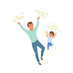 Smiling dad and son happily jumping, loving father and kid spending time together vector Illustration on a white background