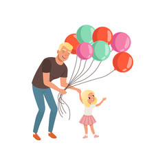 Smiling father and his little daughter with bunch of balloons, loving daddy and kid spending time together, dad and his child celebrating Fathers Day vector Illustration