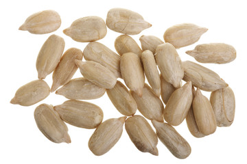 Peeled Sunflower seeds isolated on white background. Top view