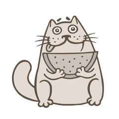 Cartoon fat cat holds a piece of watermelon. Vector illustration.