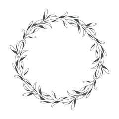 vector hand drawn floral wreath, round frame with leaves, decorative design element, illustration