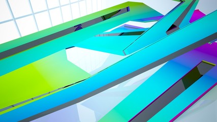 Abstract white and colored gradient  interior multilevel public space with window. 3D illustration and rendering.