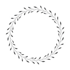 vector hand drawn floral wreath, round frame with leaves, decorative design element, illustration