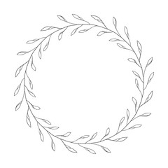 vector hand drawn floral wreath, round frame with leaves, decorative design element, illustration
