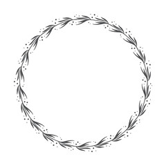 vector hand drawn floral wreath, round frame with leaves, decorative design element, illustration