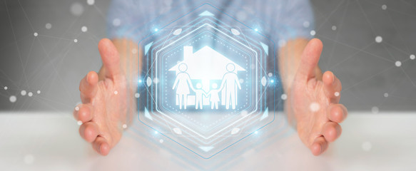 Businessman using family care insurance application 3D rendering