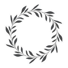 vector hand drawn floral wreath, round frame with leaves, decorative design element, illustration
