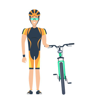 Cyclist Standing by Bicycle Vector Illustration