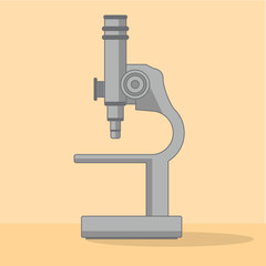 Scientific equipment for researches. Science biology. A microscope for studying of bacteria,microbes. Instrument of school, institute laboratory works. In flat a vector.An icon for the website.