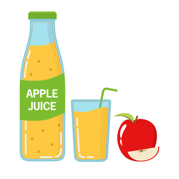 Freshly squeezed apple juice in glass bottles the label and in a glass with a tubule. A ripe fruit with a segment. The summer refreshing drink for healthy food. Flat linear art vector.  
