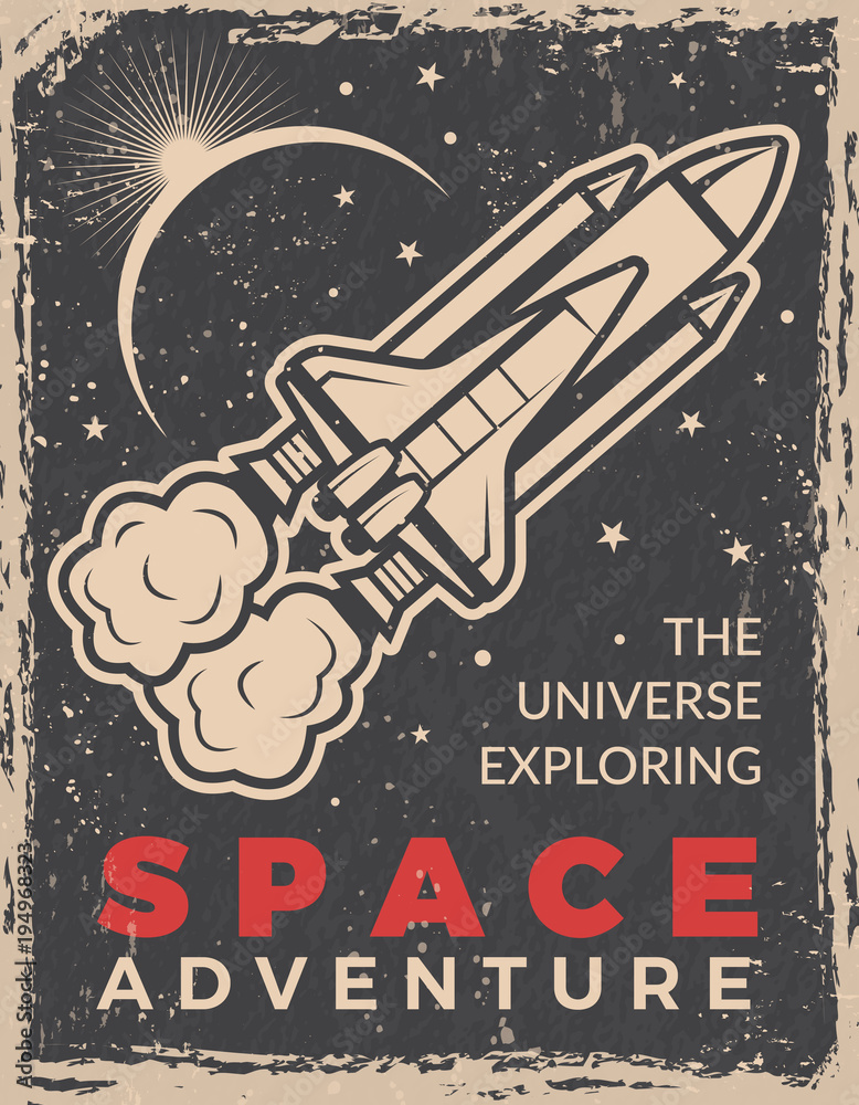 Wall mural retro poster with space shuttle. design template with place for your text