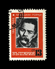 Maxim Gorky aka Alexei Peshkov (1868-1936), famous Russian writer, dramatist, politician, circa 1968. canceled vintage postal stamp printed in Bulgaria isolated on black background.
