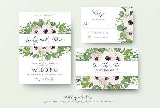Wedding invite, invitation, save the date, rsvp thank you card design. Green watercolor style light pink anemone flowers, eucalyptus leaves, white lilac flowers, greenery decoration. Romantic cute set