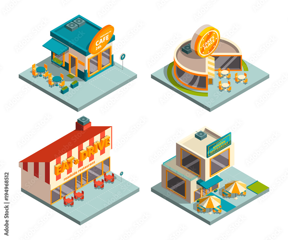 Sticker City cafe buildings. Isometric pictures