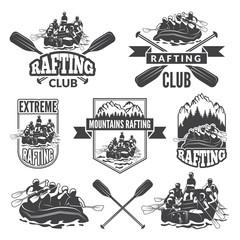Labels for sport club of extreme dangerous water sport. Vector pictures of rafting - obrazy, fototapety, plakaty