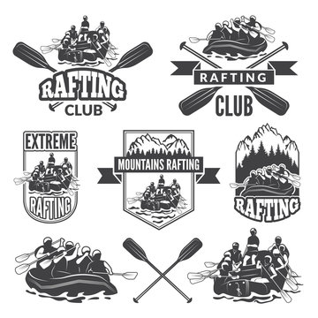 Labels for sport club of extreme dangerous water sport. Vector pictures of rafting