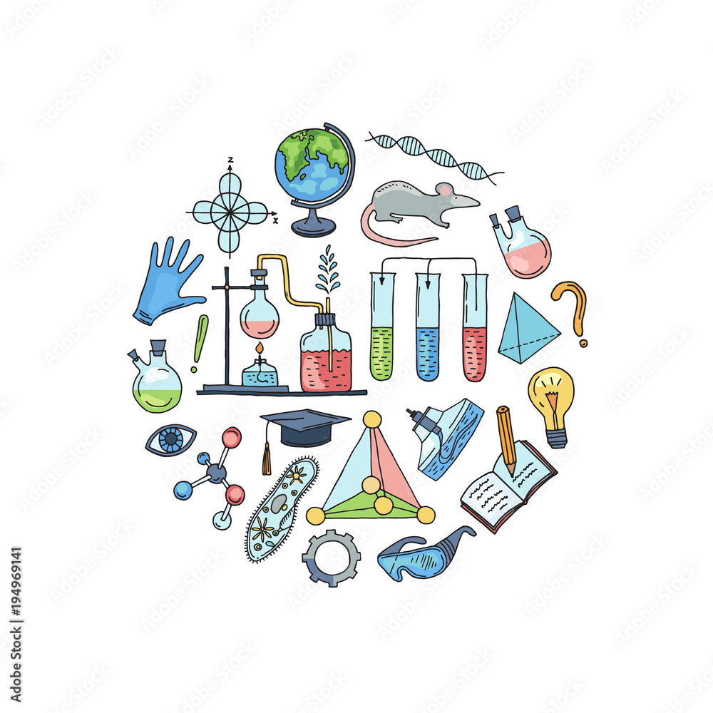 Sticker vector sketched science or chemistry elements in form of circle illustration