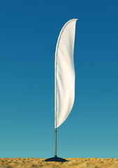 3d rendered mockup blank template of white empty beach flags against a clear sky background. flags for events, parties.