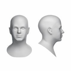 white sculpture man head with dramatic light schemes on face isolated on white background - 3d illustration