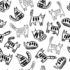 Seamless pattern with funny cats. Vector hand drawn illustration.