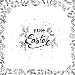Happy Easter and black floral elements on white background
