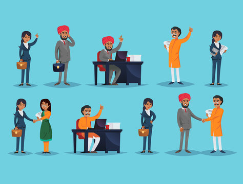 Vector illustration with male and female Indian entrepreneurs working in business world.
