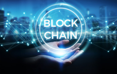 Businesswoman using blockchain cryptocurrency interface 3D rendering