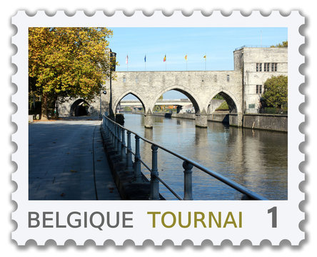 Timbre Belgique. Tournai, pont des trous 