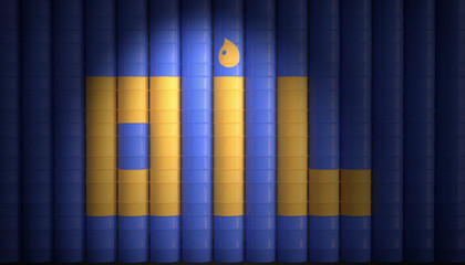 Obraz premium Wall from blue barrels yellow OIL sign on the barrel - 3d illustration
