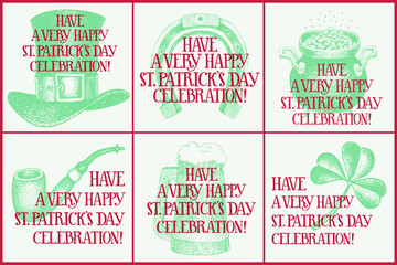 Hand drawn vector set of greeting cards for St. Patrick s Day. Greeting card with leprechaun hat, beer mug, horseshoe, pot with gold coins, glass, clover. Irish retro illustrations.