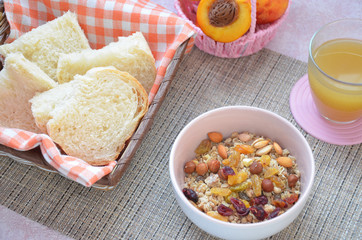 Healthy Breakfast: oatmeal, muesli, dried fruit, fruit juice, crispy bread top view