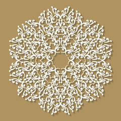Handmade lace doily. Beautiful elegant vintage knitted lacy napkin. Wedding table decoration or invitation concept. Round lace pattern. Decorative element, EPS 8.