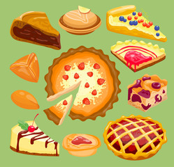 Cartoon cakes pie slice fresh tasty berry dessert sweet pastry pie isolated on background. Gourmet homemade delicious cream traditional bakery cakes and cookies slices tart
