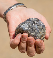 silver traces in the rock in his hand