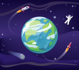 Earth and Spaceman Poster Vector Illustration