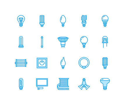 Light bulbs flat line icons. Led lamps types, fluorescent, filament, halogen, diode and other illumination. Thin linear signs for idea concept, electric shop. Pixel perfect 64x64.
