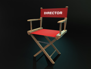 Wood director chair with red clothes with on dark background- 3D Illustration