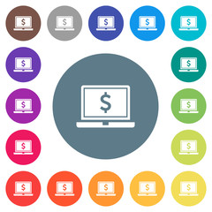 Laptop with Dollar sign flat white icons on round color backgrounds