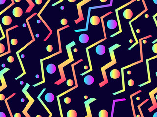 Memphis seamless pattern. Holographic geometric shapes, gradients, retro style of the 80s. Memphis design background. Vector illustration